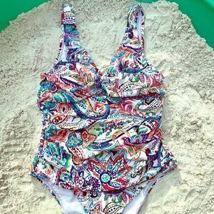 CHAPS WHITE PAISLEY ONE PIECE SWIMSUIT SIZE 10
